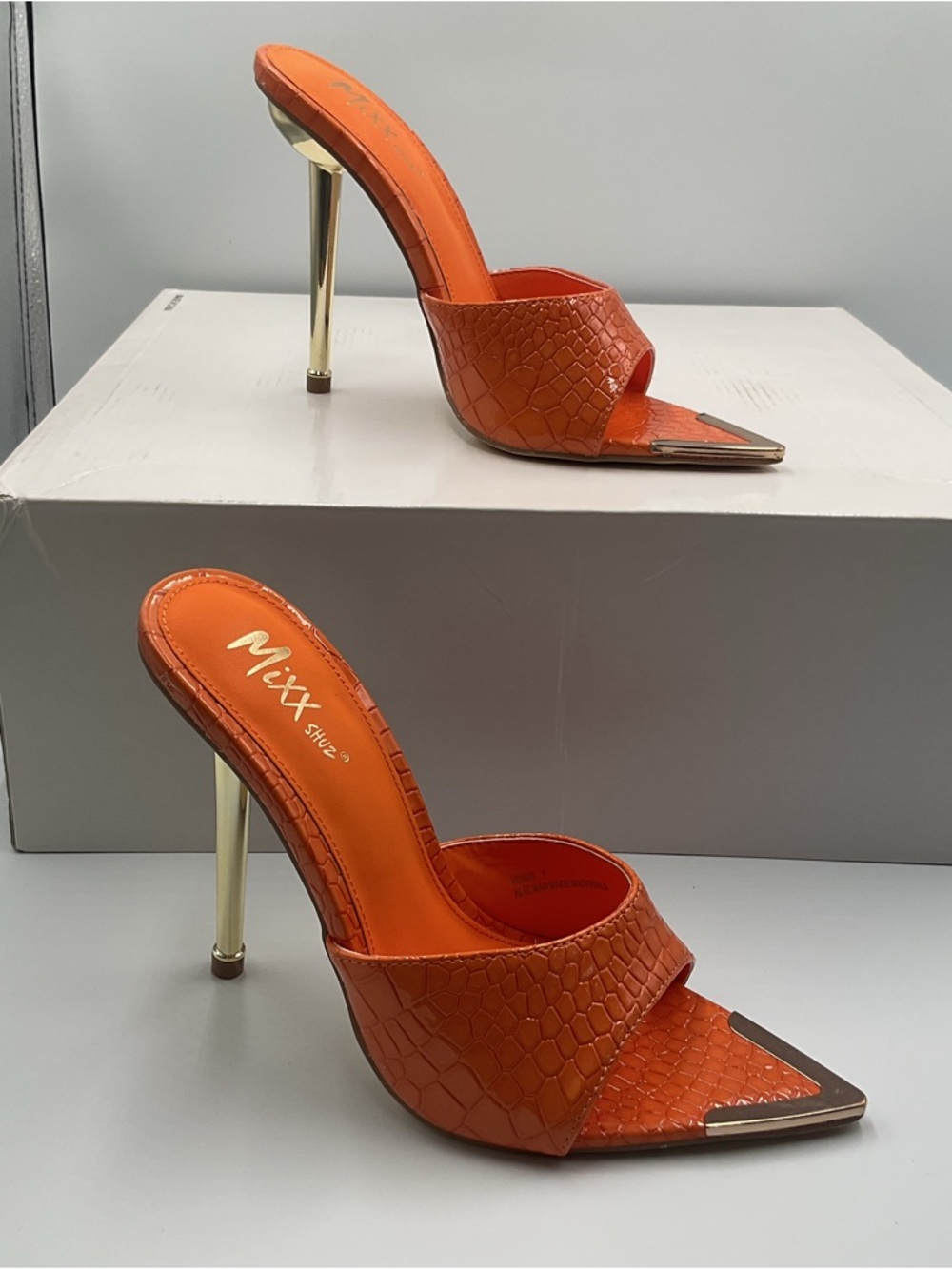 Orange & Gold High Heel  Mule Stiletto Pointed Open Toe Sandals Slides Pump Shoe